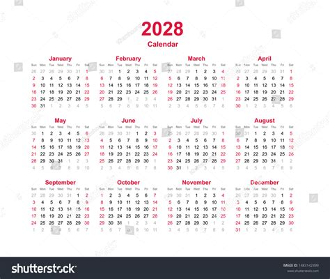 2028 Yearly Calendar 12 Months Yearly Stock Vector Royalty Free
