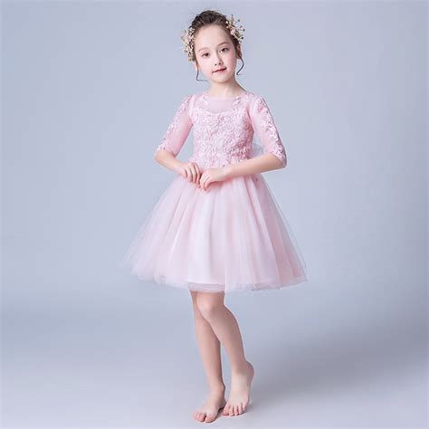 Flower Girls Dress Party Half Sleeve Princess Pink Lace Children