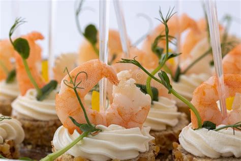 Set Of Beautiful Canapes Appetizer Canape With Shrimp Catering Stock