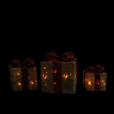 Northlight Set Of 3 Lighted Sparkling Gold Sisal Gift Boxes Christmas