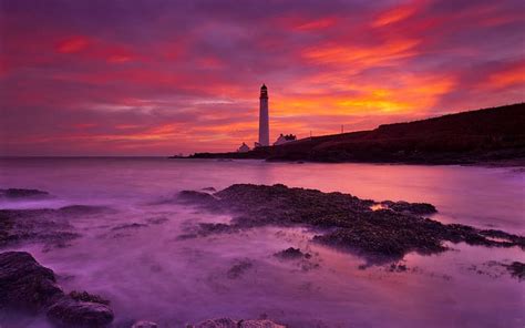 Sunset Sky Pink Ocean Purple Lighthouse Hd Wallpaper Peakpx