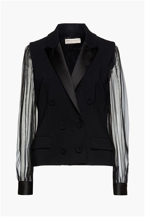 Pucci Double Breasted Chiffon Paneled Satin Trimmed Crepe Blazer The