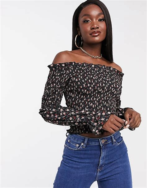 Missguided Shirred Bardot Top With Long Sleeves In Ditsy Floral Print