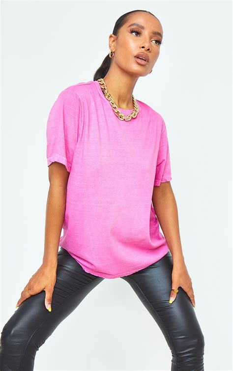 Hot Pink Washed Oversized T Shirt Tops Prettylittlething