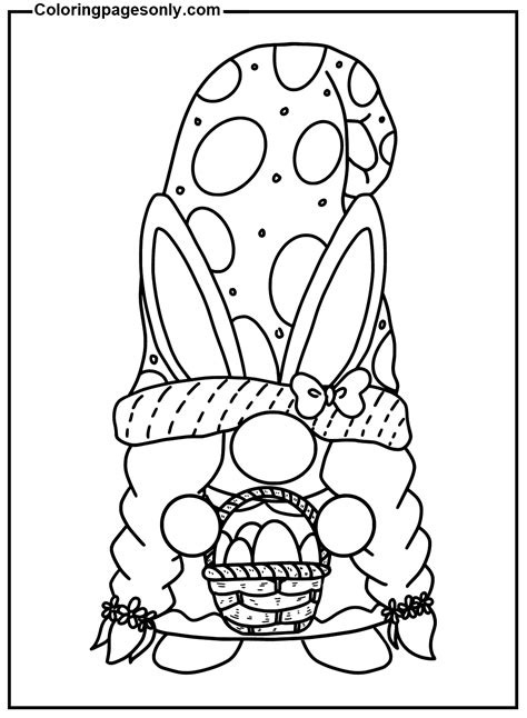 Easter Girl Gnome With Egg Baskets Coloring Page Free Printable