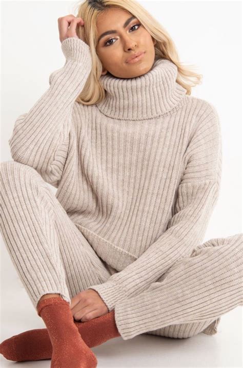 Beige Chunky Knit Turtleneck Sweater