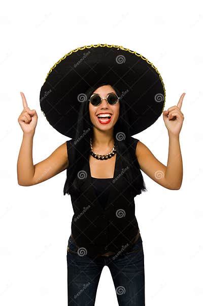 The Young Mexican Woman Wearing Sombrero Isolated On White Stock Image