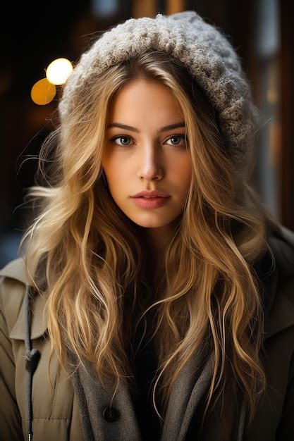 Premium Ai Image Woman With Long Blonde Hair Wearing Hat And Jacket With Lights In The
