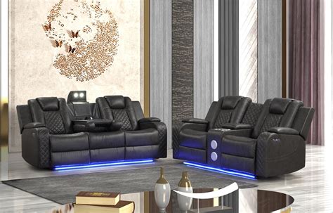 Set Of 2 Electric Power Leather Sectional Sofa Led Recliner Sofa