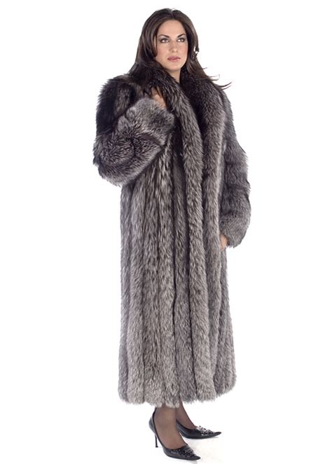 Full Length Real Silver Fox Fur Coat Long For Women Shawl Collar Ebay