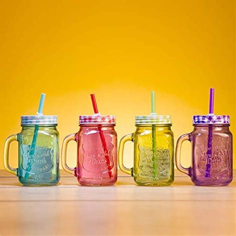 Transparent Glass Mason Jar With Colorful Lid And Reusable Straw Ml