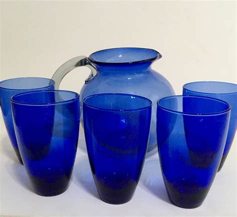 Vintage Cobalt Blue Glass Pitcher And Glasses