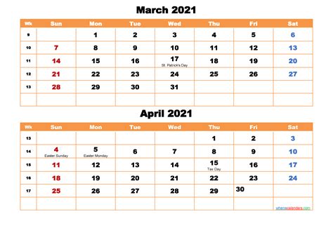 Maandelijkse kalenders en planners voor elke dag, week, maand en jaar met velden voor vermeldingen en notities; March and April Calendar 2021 Printable Word, PDF