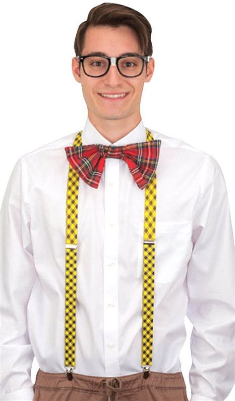 Nerd Geek Costume Set Kit Suspenders Bow Tie Glasses Tape Plaid Men