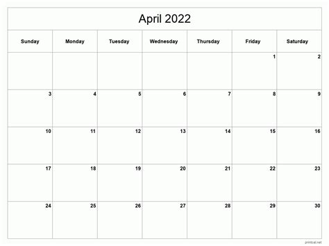 Blank April 2022 Calendar Printable Blank Calendar 2022