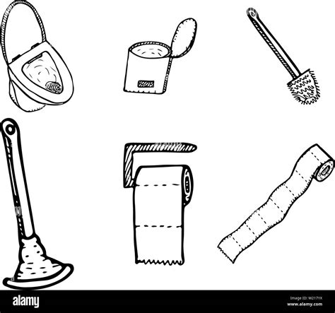 Tazón de inodoros dibujados a mano plugner papel higiénico cuchara y cepillo sanitario iconos
