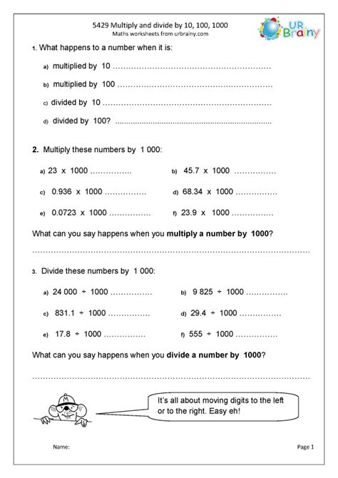 Multiply And Divide By 10 100 And 1000 Division Maths Worksheets For