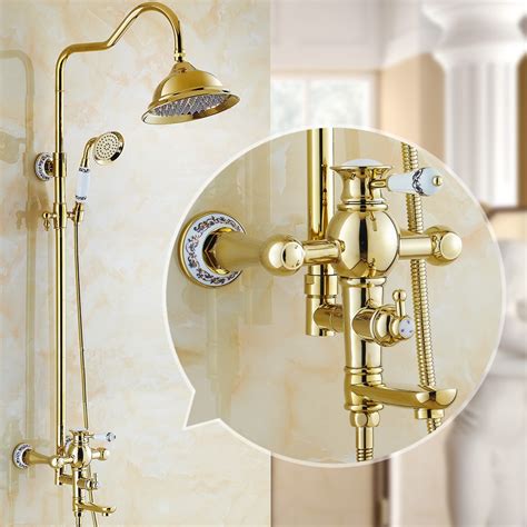 Auswind Polish Golden Shower Set Antique Brass Bathroom Faucet 8 Inch