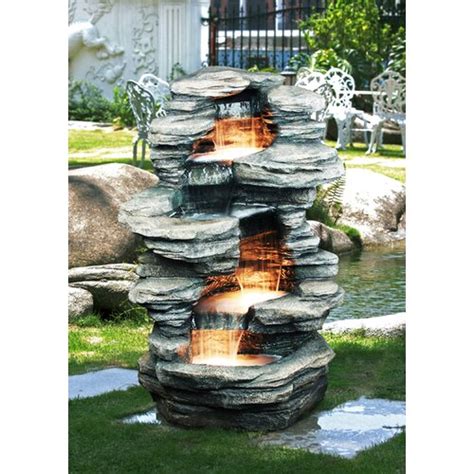 Water cascades from level to level, creating a soothing sound and ambiance thats highlighted by internal led lighting. Rock Pond 4-Level Fountain with LED Lights | Fiberglass