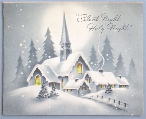 Vintage Greeting Card Christmas Scene Church Snow Houses Silent Night