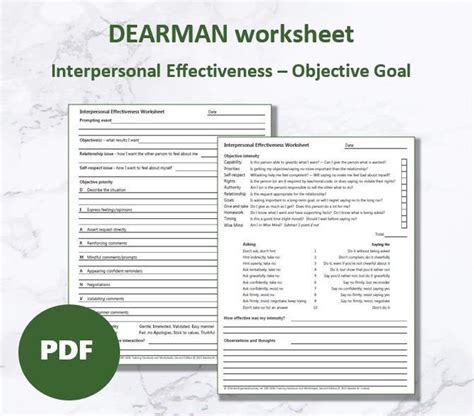 This worksheet utilizes the acronym dearman to illustrate the tools needed to be assertive without being aggressive or. DEARMAN - DBT Interpersonal Effectiveness worksheet in ...