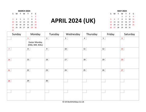 April 2024 Calendar Printable With Bank Holidays Uk