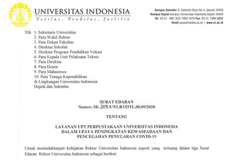 Surat Edaran Layanan Upt Perpustakaan Universitas Indonesia Dalam Upaya