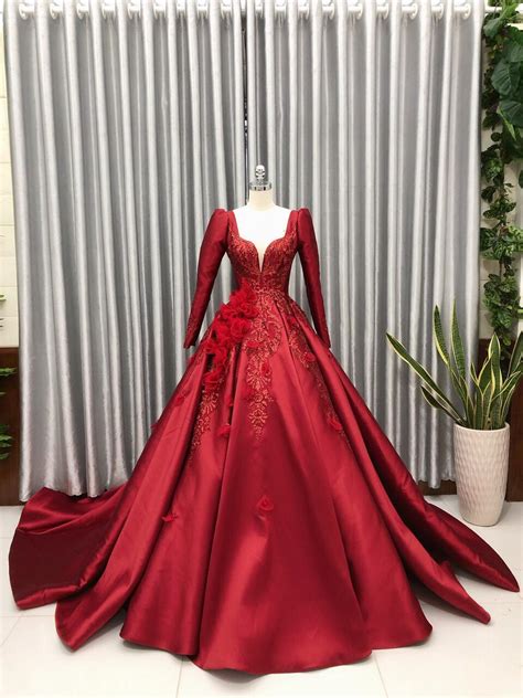 extravagant red satin ball gown weddingprom dress