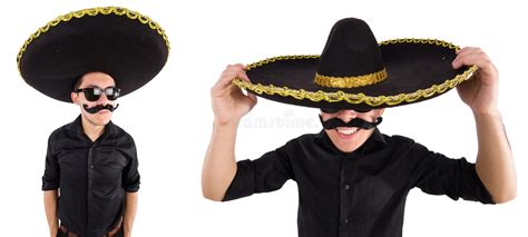 The Funny Man Wearing Mexican Sombrero Hat Isolated On White Stock