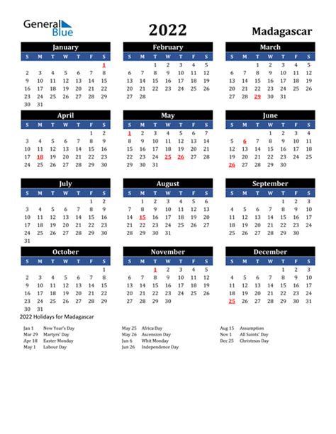 2022 Calendar Madagascar With Holidays
