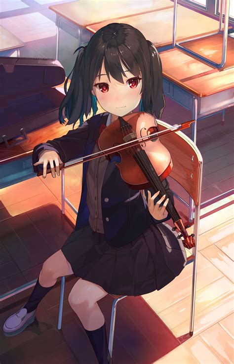 Anime Girl Cute Beautiful Long Hair School Uniform Violin