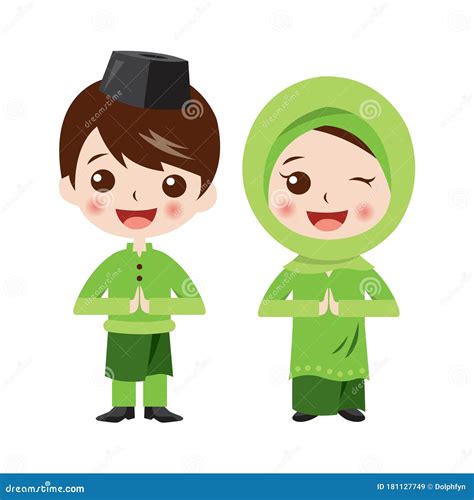 Hari Raya Aidilfitri Muslim Boy And Girl And Malay Kampung House Vector