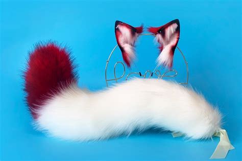 22 Inches Red White Fox Tail Fox Ear Set Wolf Tail Wolf Ear Etsy Uk