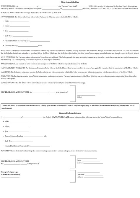 Free Mississippi Bill Of Sale Forms 4 Pdf Word Eforms