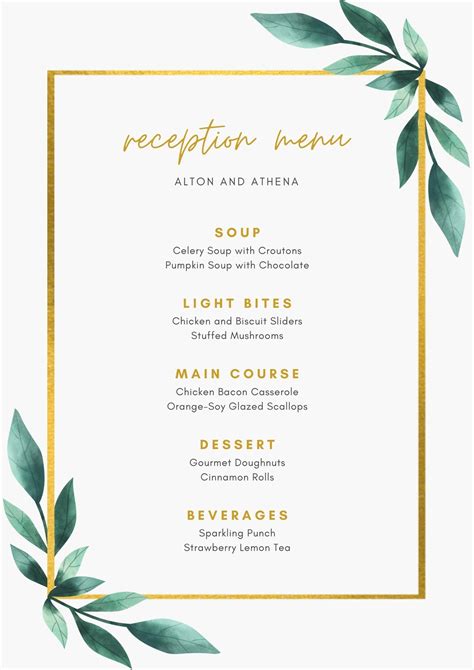 Green And Gold Box Border Geometric Floral Wedding Menu Templates By
