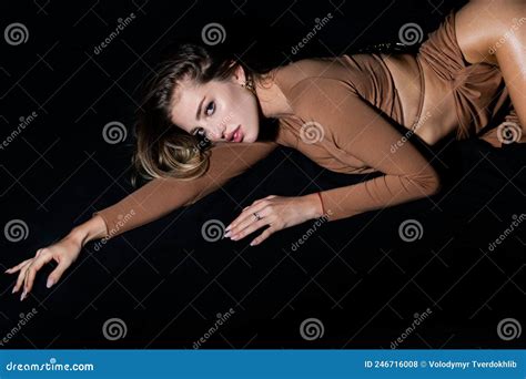 Portrait Of A Charming Woman Sensual Girl Posing On Black Background Fashion Vogue Style