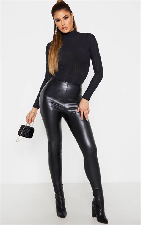Tall Black Faux Leather High Waisted Leggings Shiny Leggings High Waisted Leather Leggings