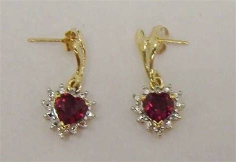 K Yellow Gold Dangle Earrings Heart Shape Red Created Ruby Diamond