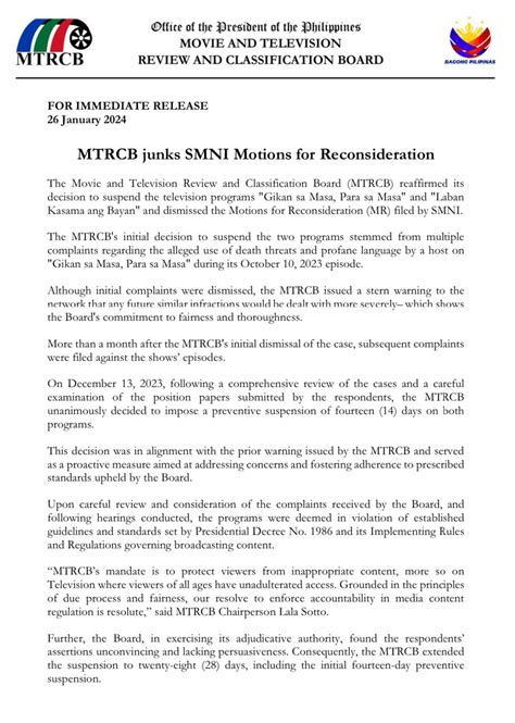 mtrcb denies smni s motion for reconsideration pep ph
