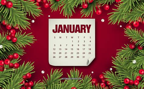 Download Wallpapers January 2020 Calendar Red Background With Berries