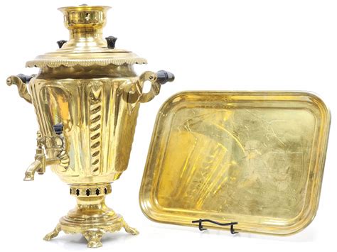 Lot Vintage 18in Russian Brass Samovar And Tray