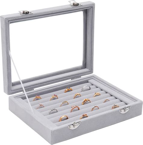 Kurtzy Velvet Ring Storage Box 9 Rolls Grey Jewelry Holder Case