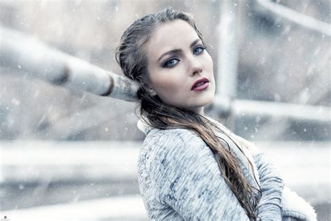 Blue Eyes Women Depth Of Field Face Snow Looking At Viewer