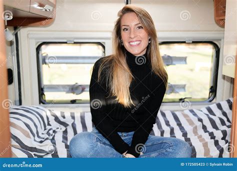 Beautiful Campervan Woman In Rv Motor Camper Van Home In Lifestyle
