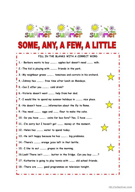 Some Any A Few A Little English Esl Worksheets Pdf And Doc