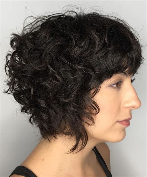 Curly Brunette Bob with Bangs Cute Short Curly Hairstyles, Bob