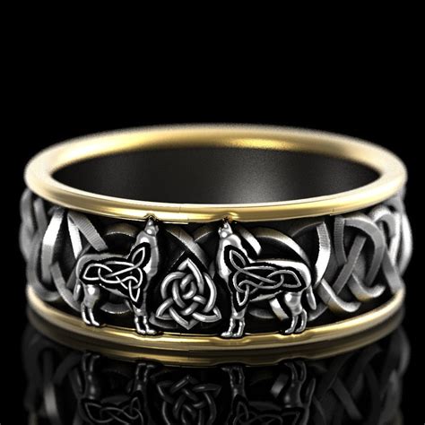 Celtic Wolf 2 Tone Ring In Sterling Silver And 10k Gold Wolf Wedding Band Viking Wolf Ring