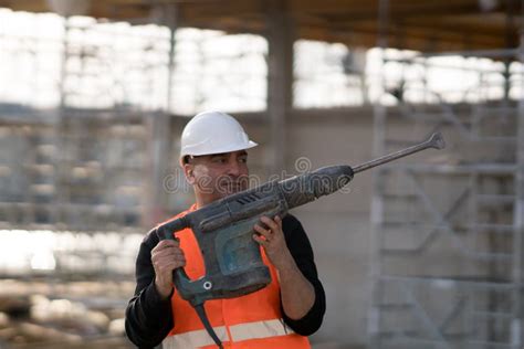 Male Construction Worker Using Jackhammer Stock Image Image Of People