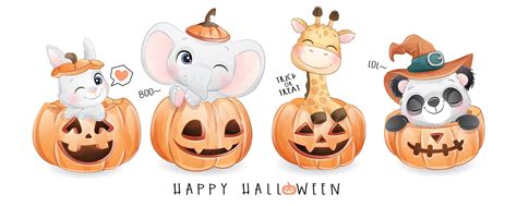 Cute Animals For Halloween Clipart With Watercolor Etsy