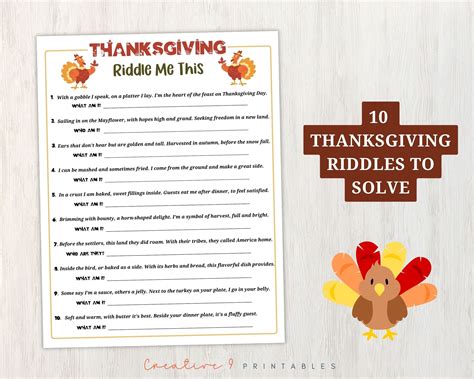 Printable Thanksgiving Riddle Me This Game 10 Thanksgiving Etsy